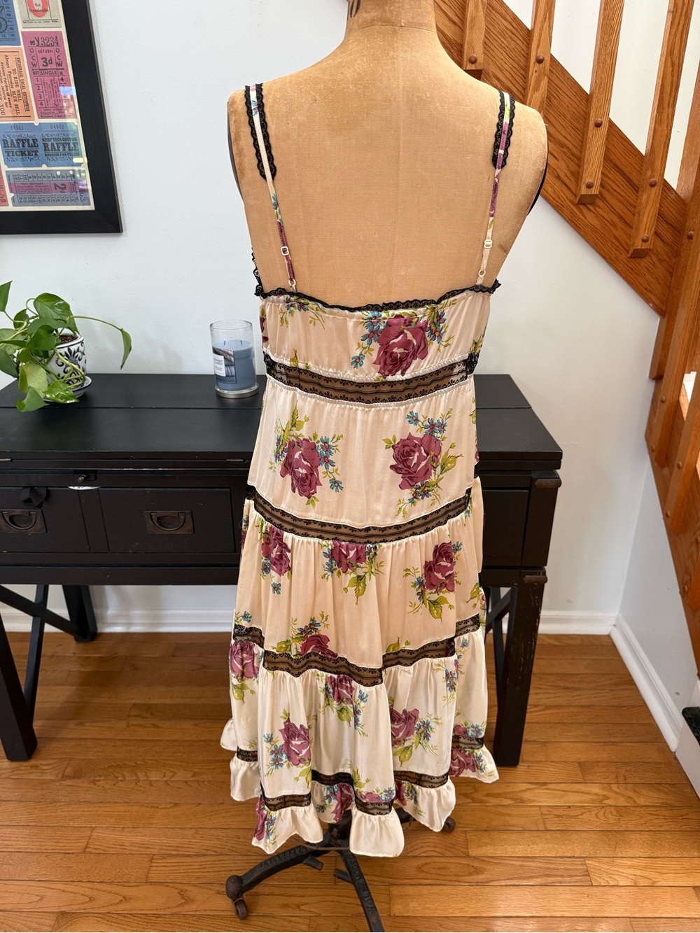 Betsey Johnson Cream Silk Dress with Pink Rose Print and Black Lace Trim - Picture 3 of 5